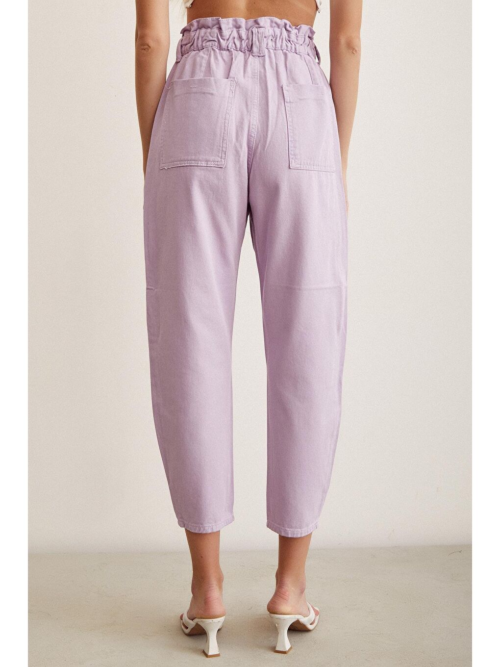 Mor Beli Lastikli Düğme Kapalı Boyfriend Jean-5