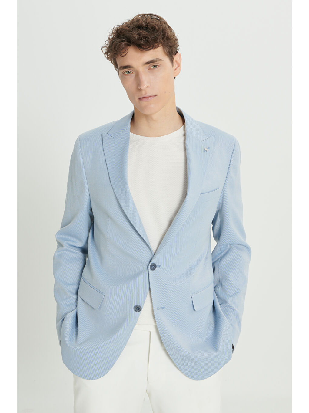 Erkek Açık Mavi Slim Fit Dar Kesim Kırlangıç Yaka Blazer Ceket-4