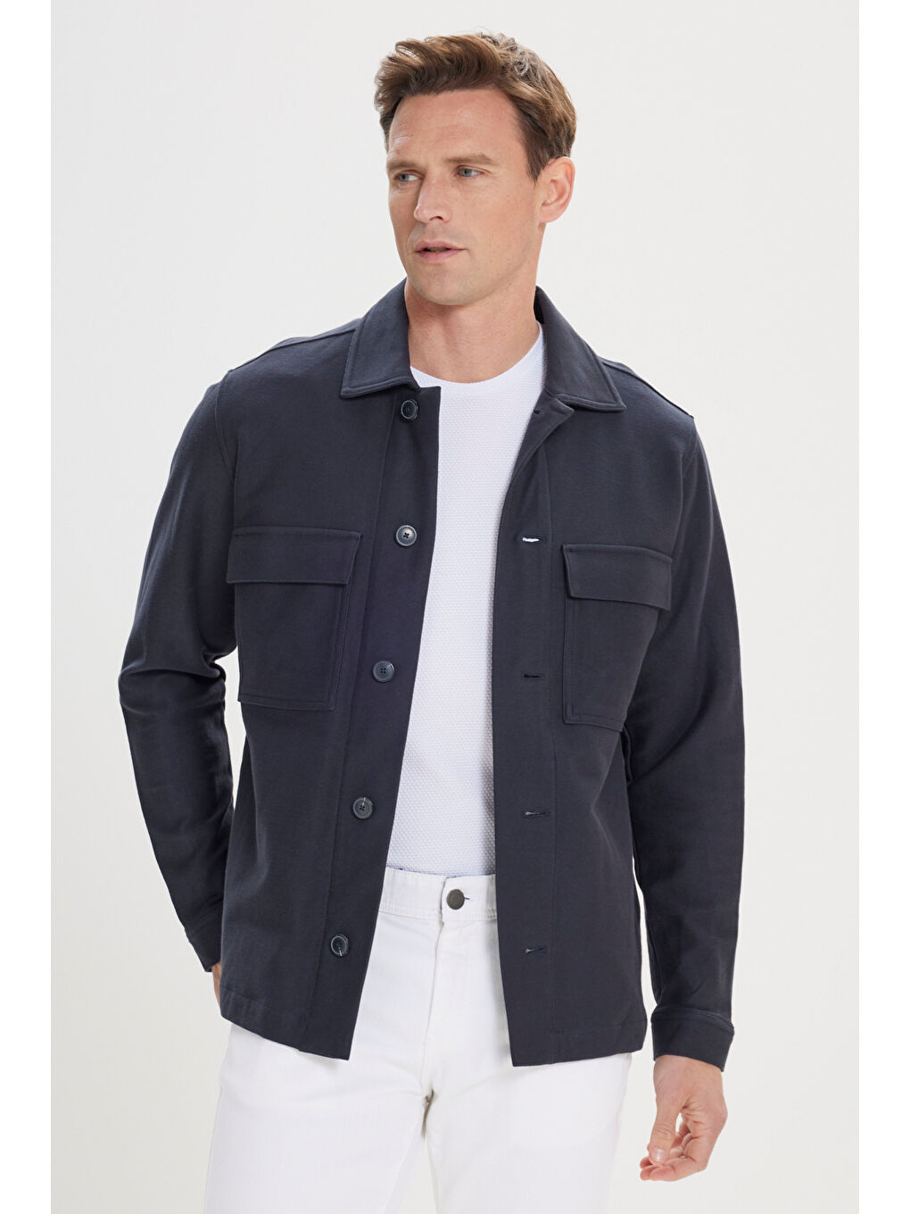 Erkek Lacivert Standart Fit Normal Kesim Gömlek Yaka %100 Pamuk Mont