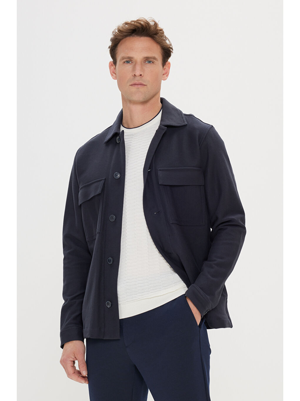 Erkek Lacivert Standart Fit Normal Kesim Gömlek Yaka %100 Pamuk Mont-5