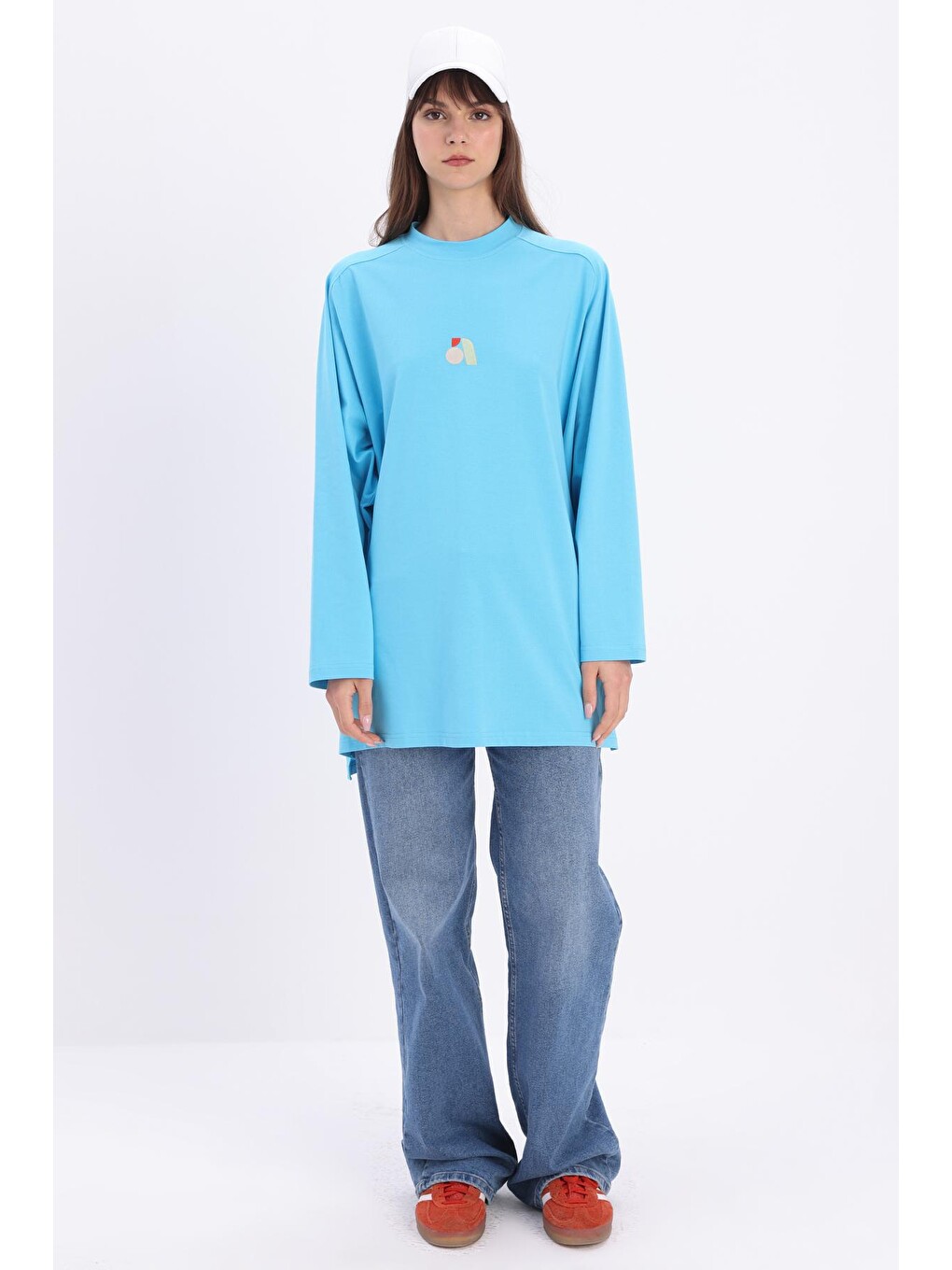 Mavi Pamuklu Nakışlı Sweatshirt-1