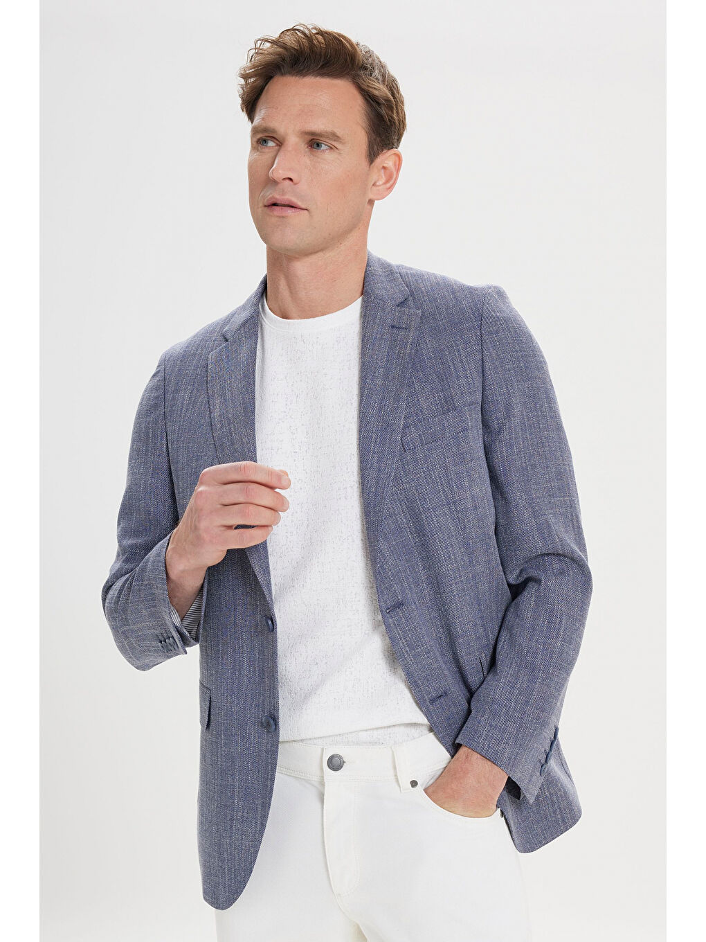 Erkek Lacivert Comfort Fit Rahat Kesim Mono Yaka Diagonal Desenli Blazer Ceket