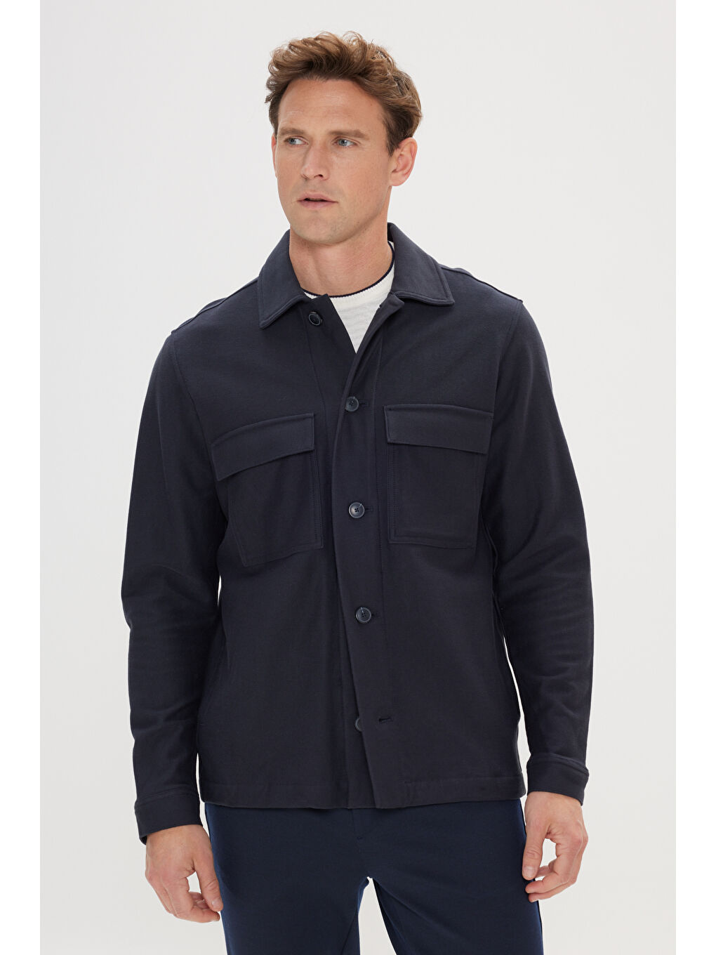 Erkek Lacivert Standart Fit Normal Kesim Gömlek Yaka %100 Pamuk Mont-7