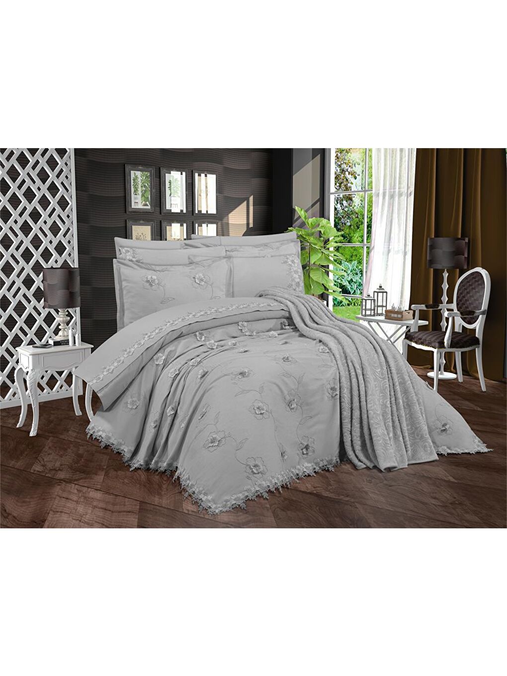 Pamukkale Şönil Nakışlı 10 Parça Gelin Seti Gri