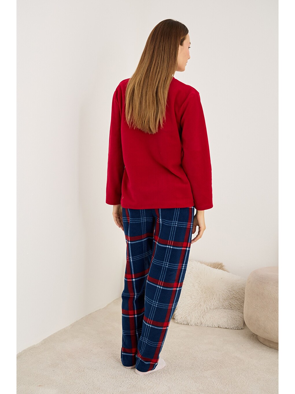 Karışık Love Nakışlı Ekoseli Polar Kışlık Örme Pijama Takım-2