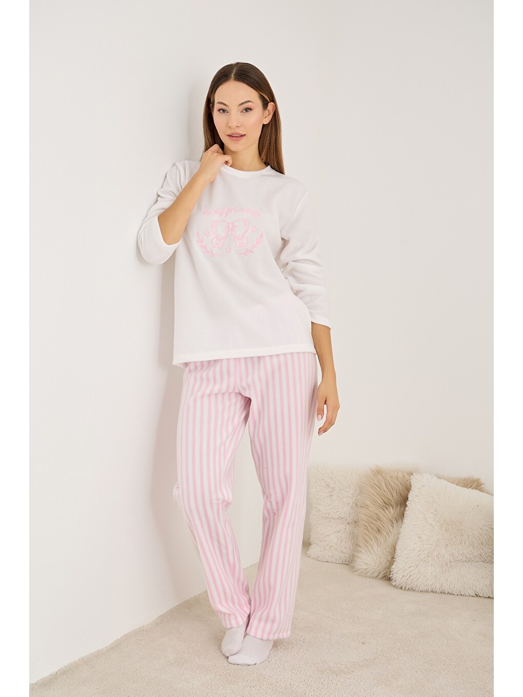 Karışık Polar Kışlık Örme Pijama Takım-1