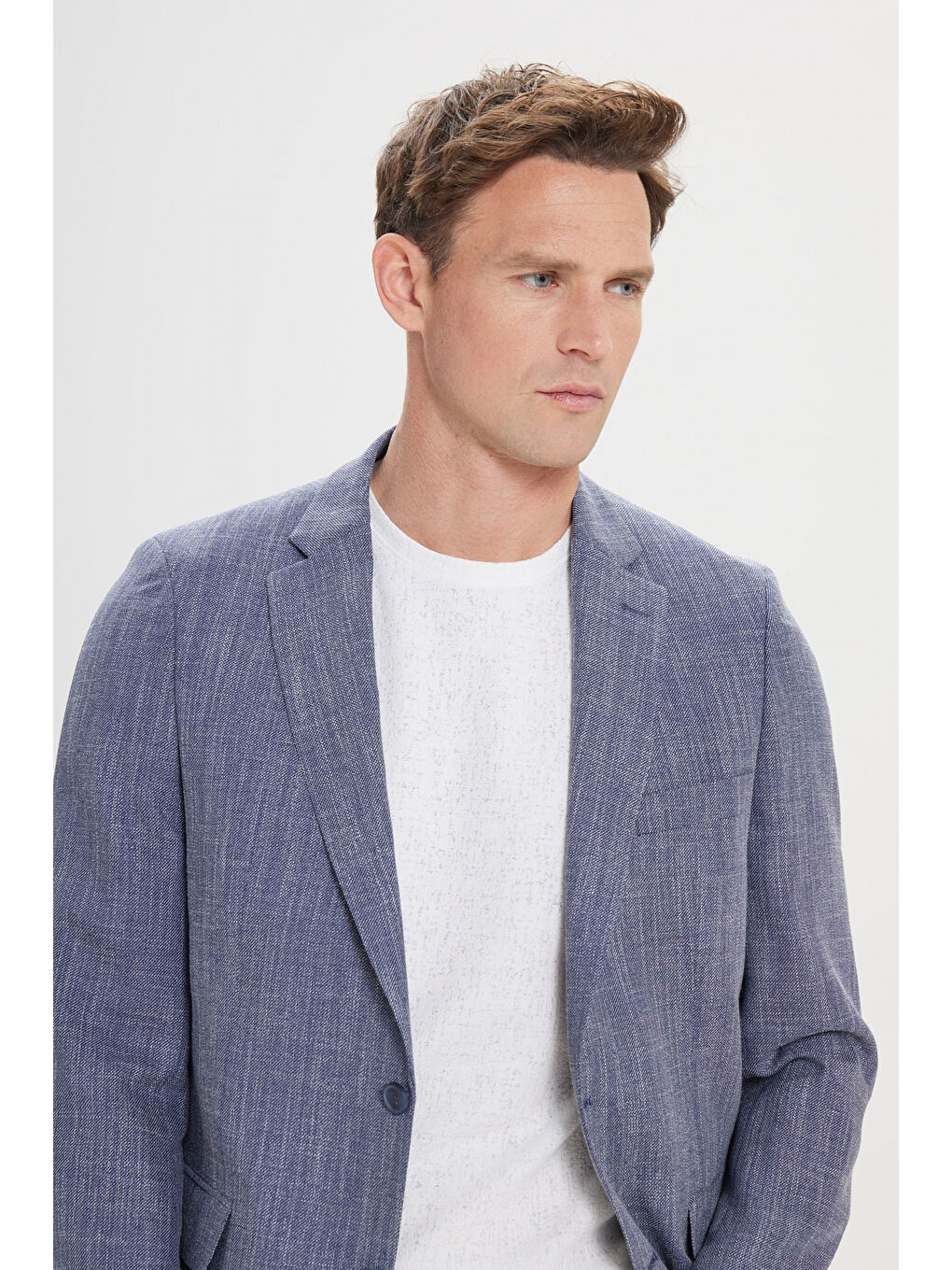Erkek Lacivert Comfort Fit Rahat Kesim Mono Yaka Diagonal Desenli Blazer Ceket-2