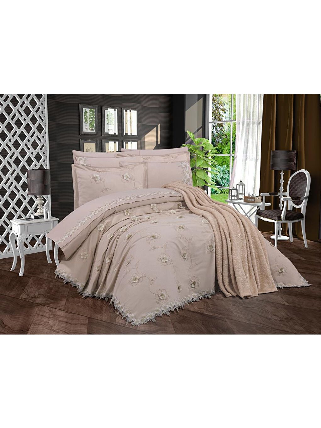 Pamukkale Şönil Nakışlı 10 Parça Gelin Seti Bej