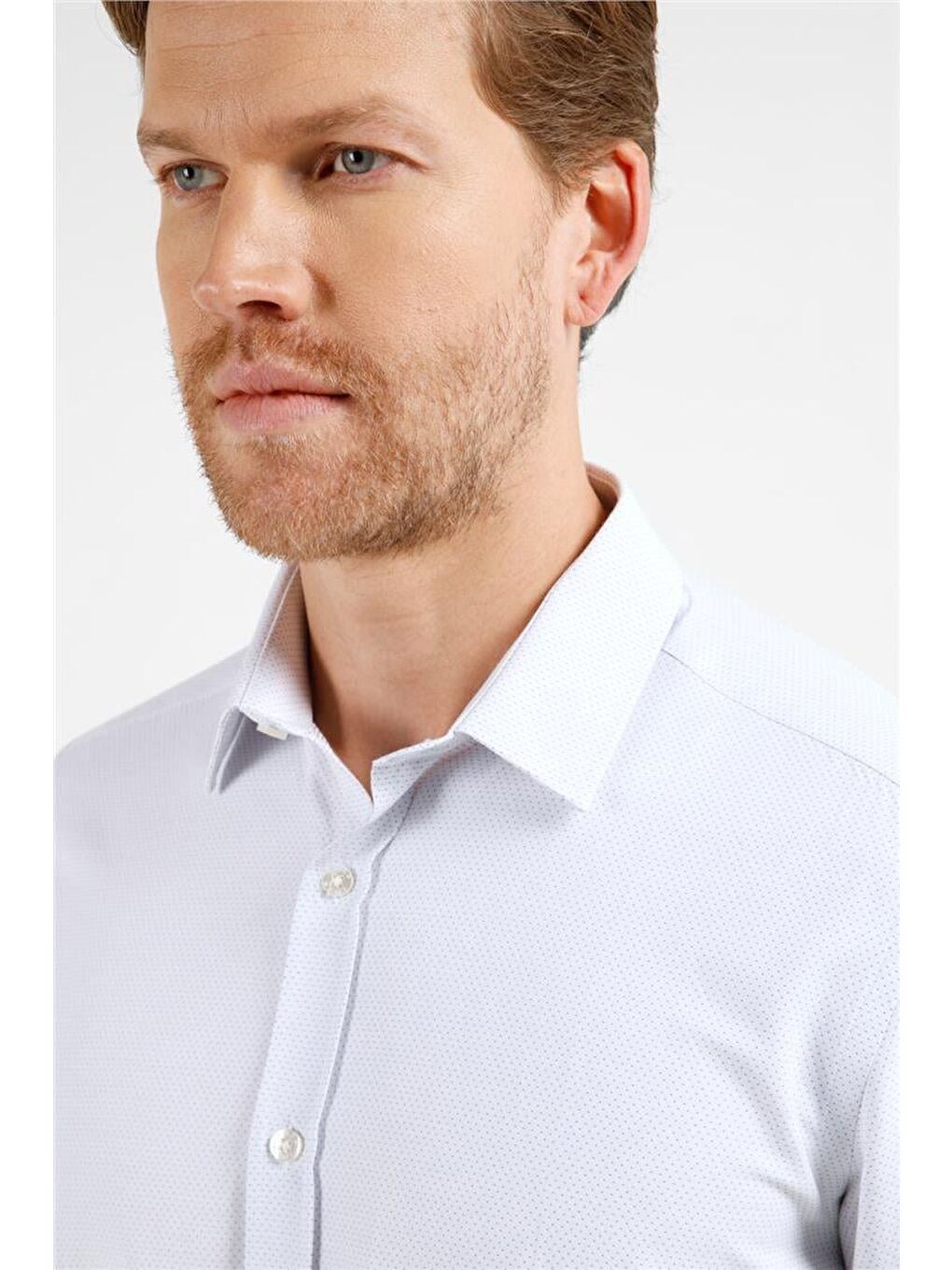 Beyaz - Mavi Kendinden Desenli Sert Yaka Uzun Kol Cepsiz Slim Fit Pamuklu Gömlek 1004255216-3