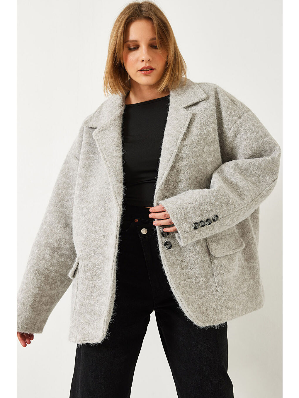 Gri Kadın Oversize Astarlı Kaşe Blazer Ceket
