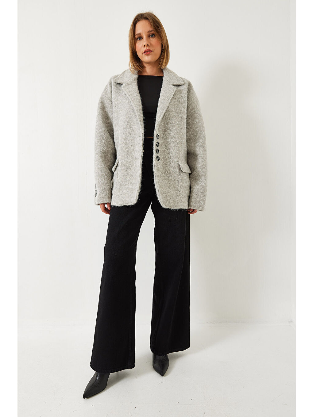 Gri Kadın Oversize Astarlı Kaşe Blazer Ceket-1