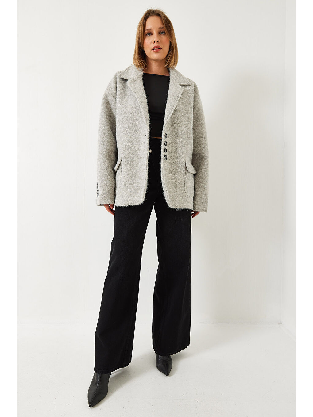 Gri Kadın Oversize Astarlı Kaşe Blazer Ceket-2