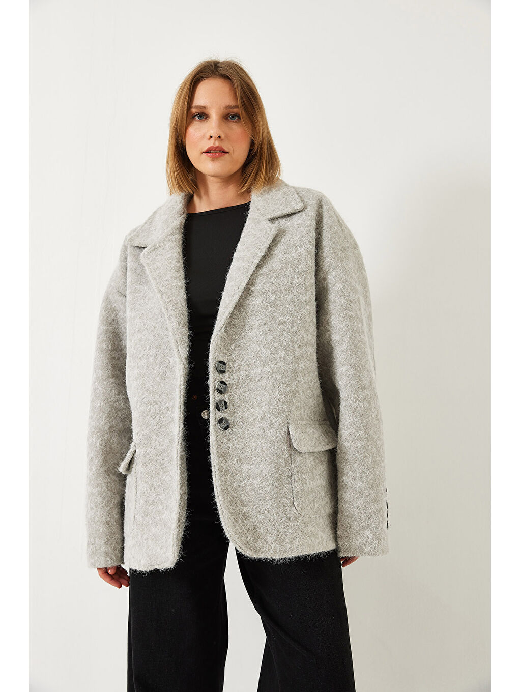 Gri Kadın Oversize Astarlı Kaşe Blazer Ceket-3