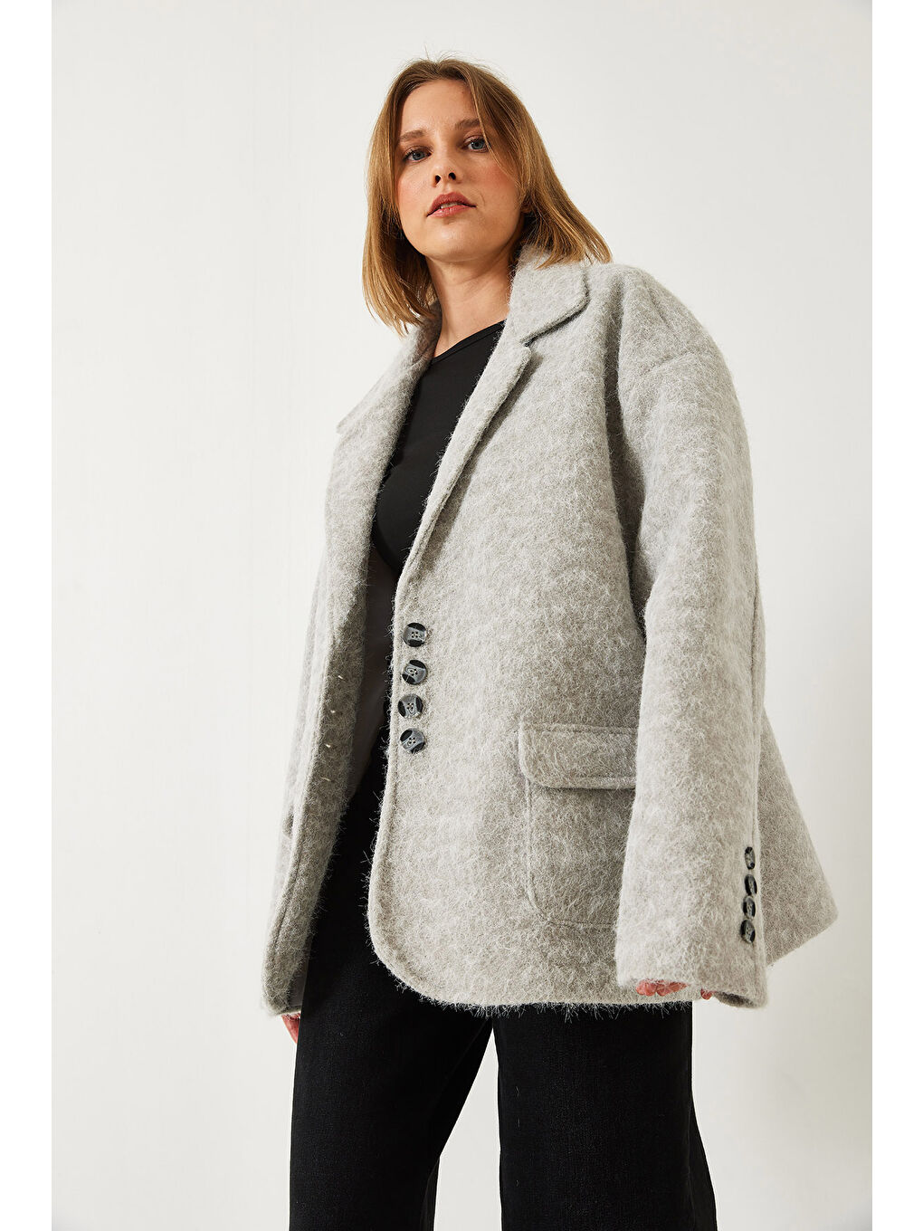 Gri Kadın Oversize Astarlı Kaşe Blazer Ceket-4
