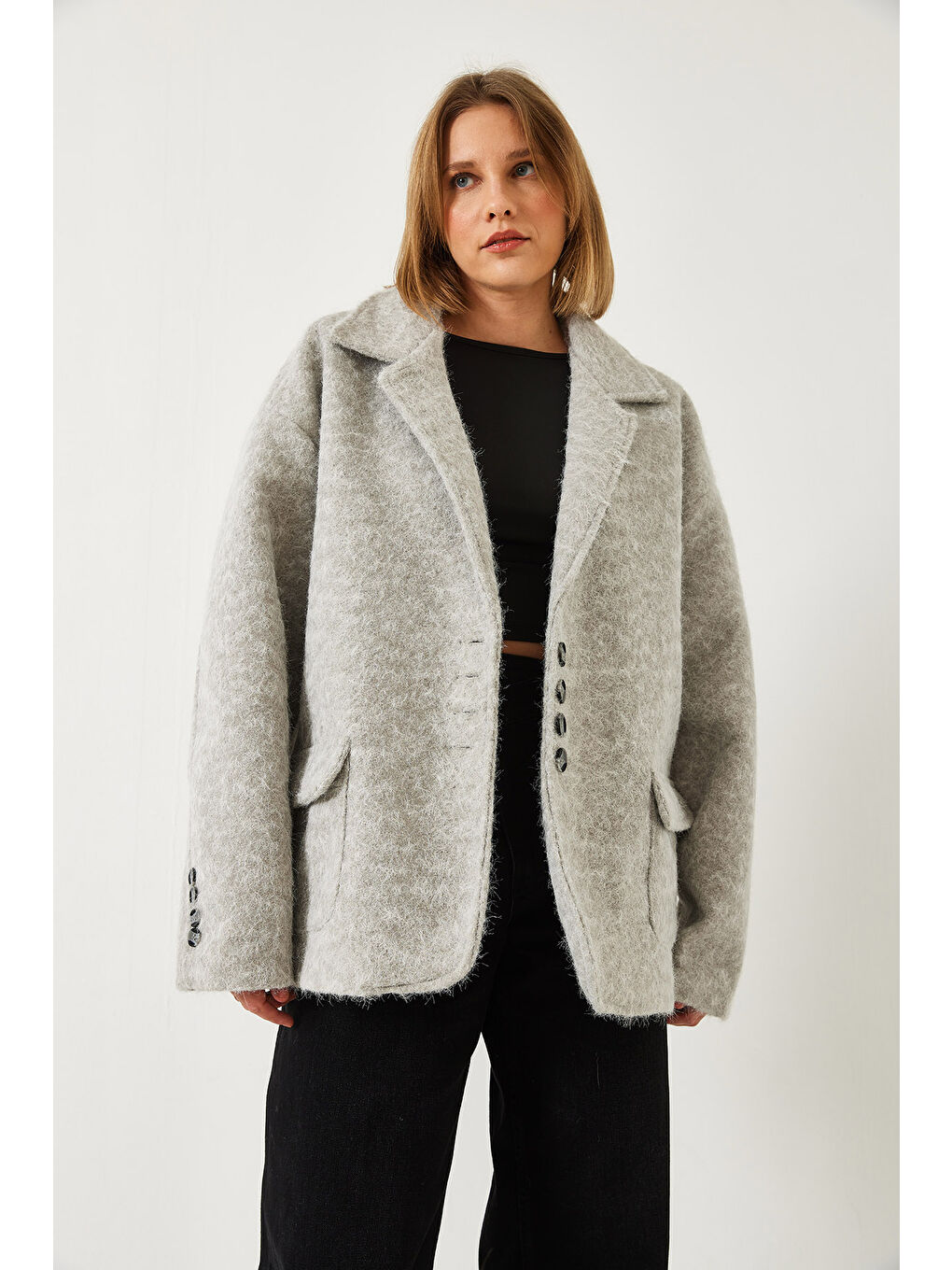 Gri Kadın Oversize Astarlı Kaşe Blazer Ceket-5
