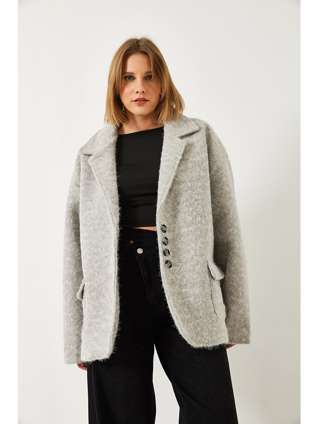 Gri Kadın Oversize Astarlı Kaşe Blazer Ceket-6
