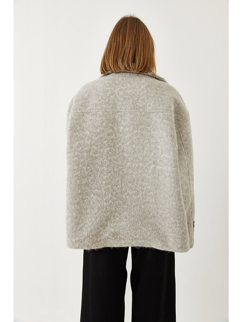 Gri Kadın Oversize Astarlı Kaşe Blazer Ceket-7