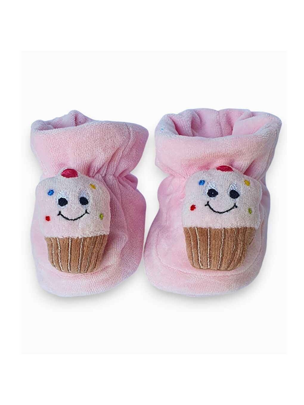 Pembe Kadife Cupcake Aksesuarlı Kız Bebek Panduf Ayakkabısı-1