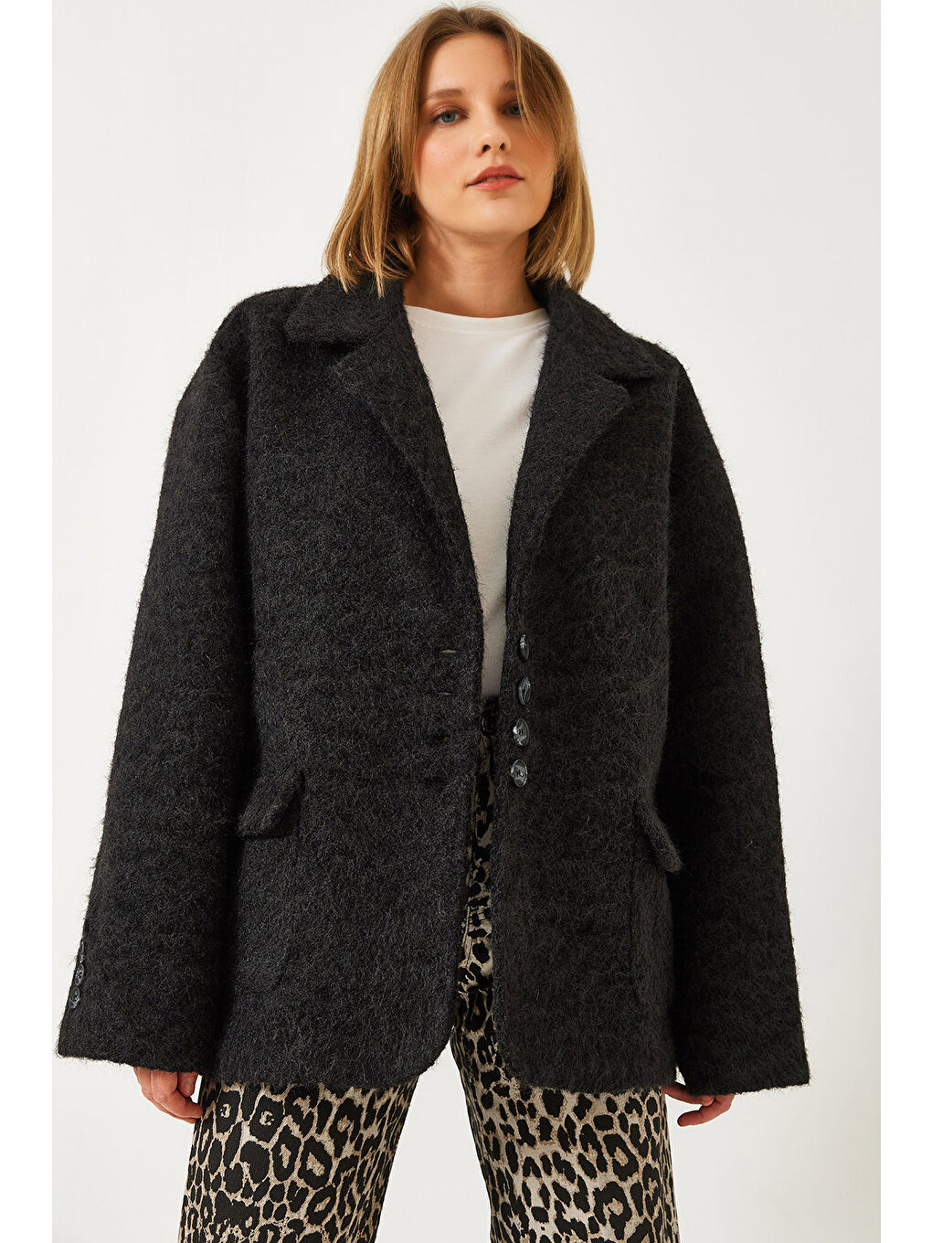 Siyah Kadın Oversize Astarlı Kaşe Blazer Ceket