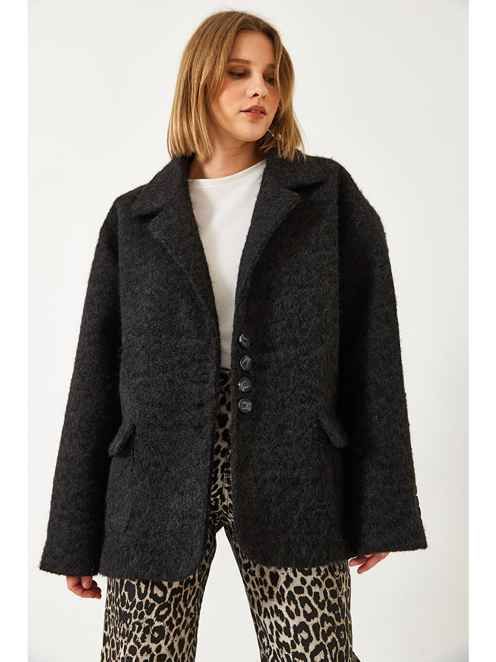 Siyah Kadın Oversize Astarlı Kaşe Blazer Ceket-2