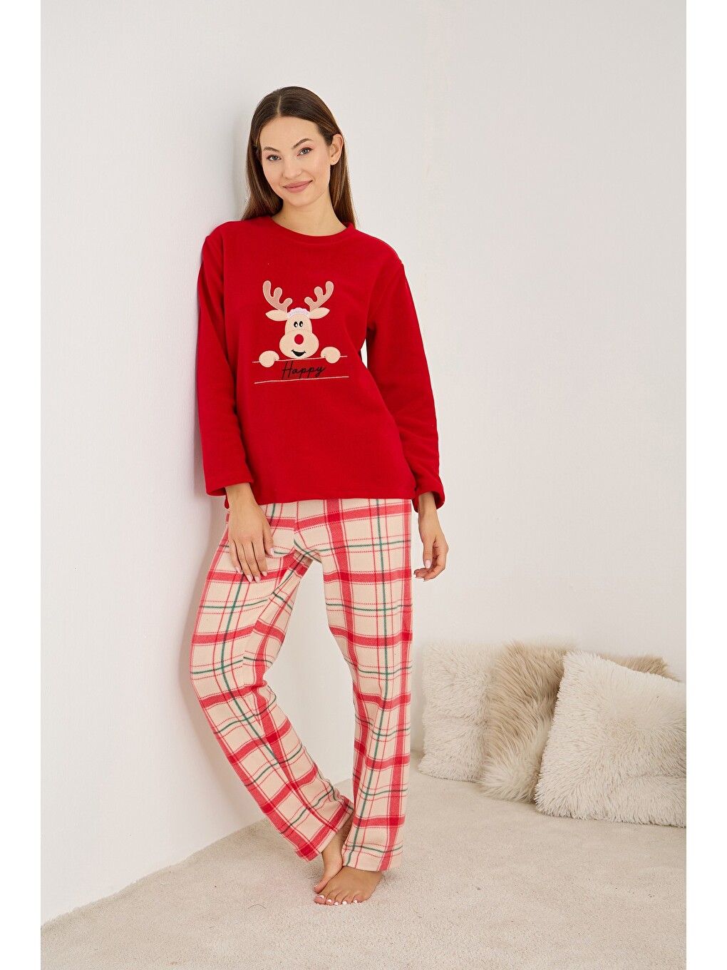 Karışık Geyik Nakışlı Ekoseli Polar Kışlık Örme Pijama Takım-1