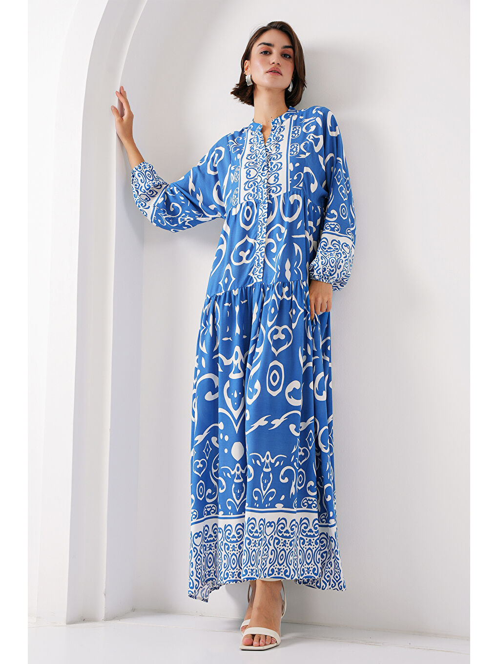 Lacivert 2423 Otantik Desenli Tesettür Elbise - B. İndigo-1