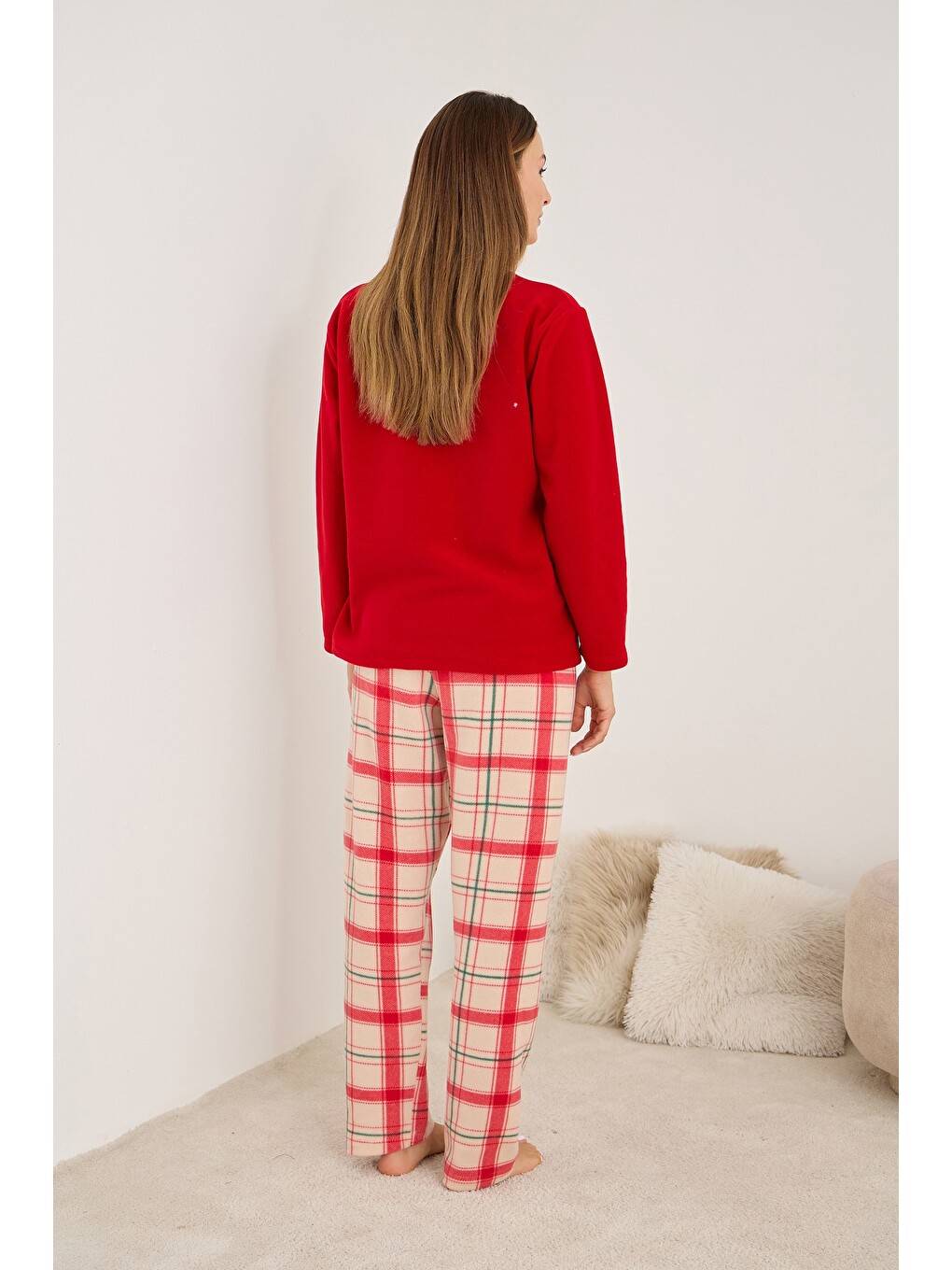 Karışık Geyik Nakışlı Ekoseli Polar Kışlık Örme Pijama Takım-2