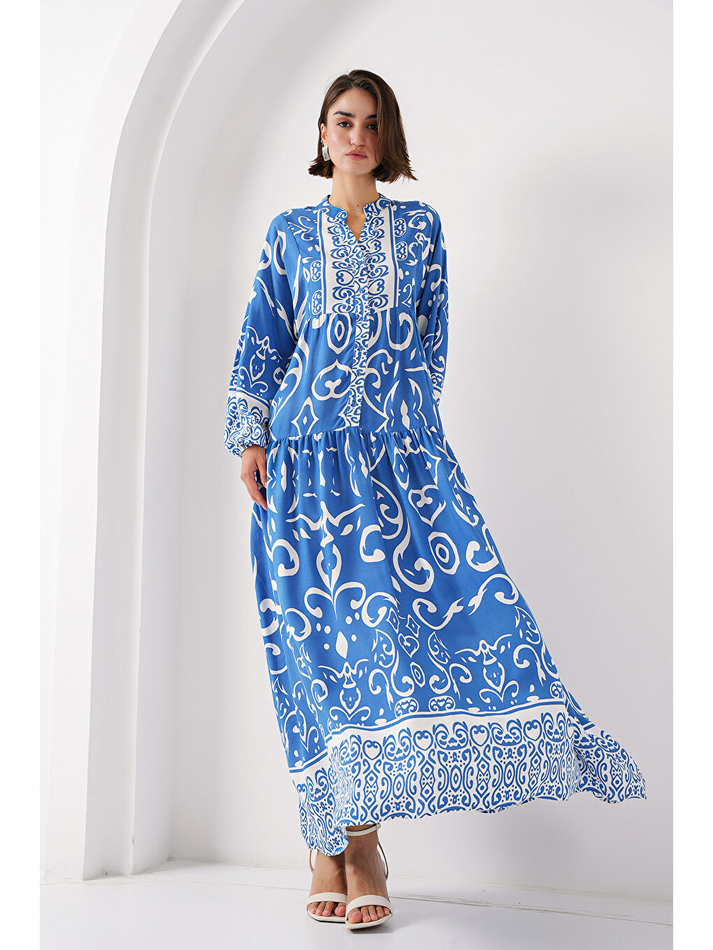 Lacivert 2423 Otantik Desenli Tesettür Elbise - B. İndigo-2