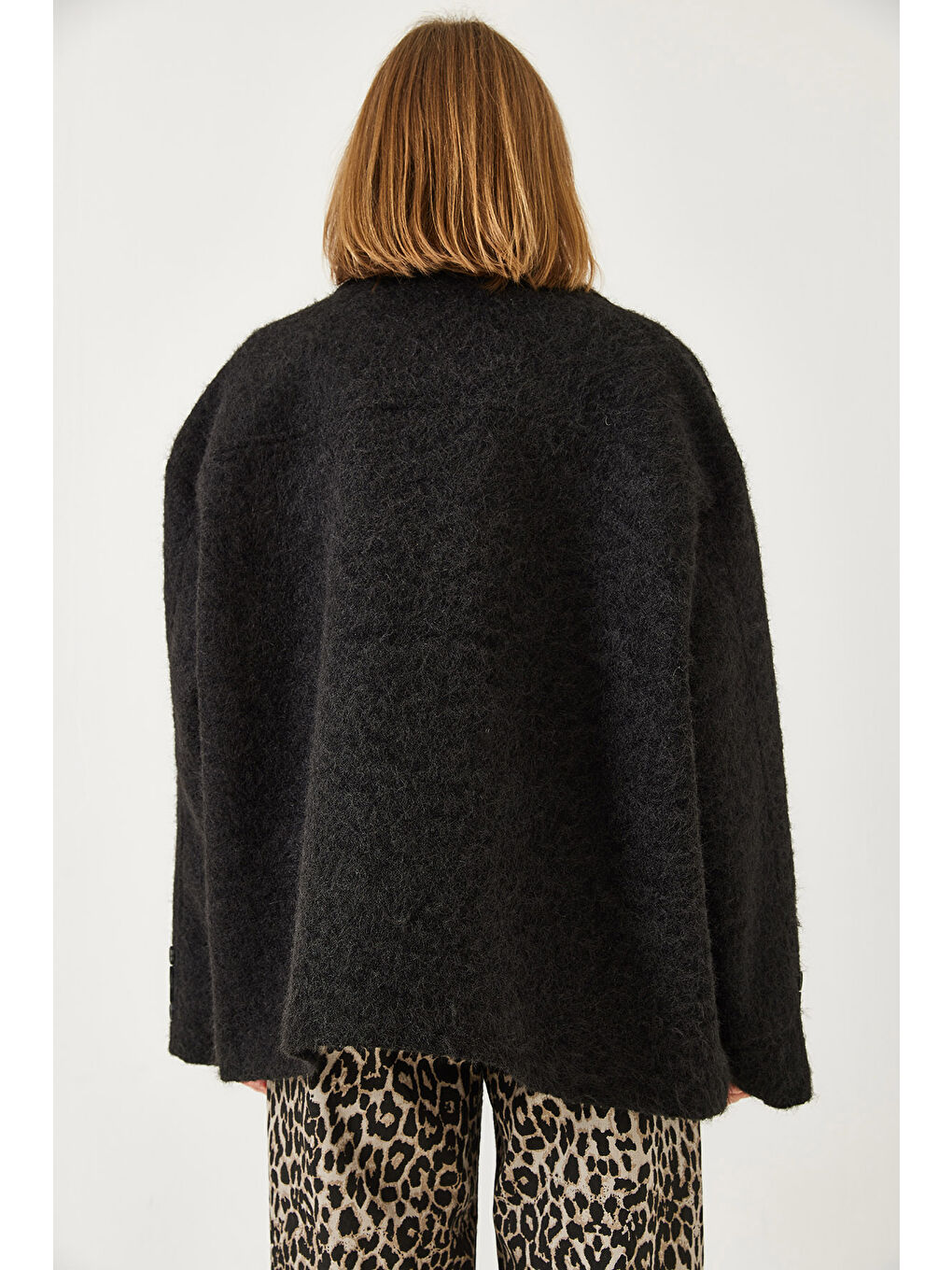 Siyah Kadın Oversize Astarlı Kaşe Blazer Ceket-7