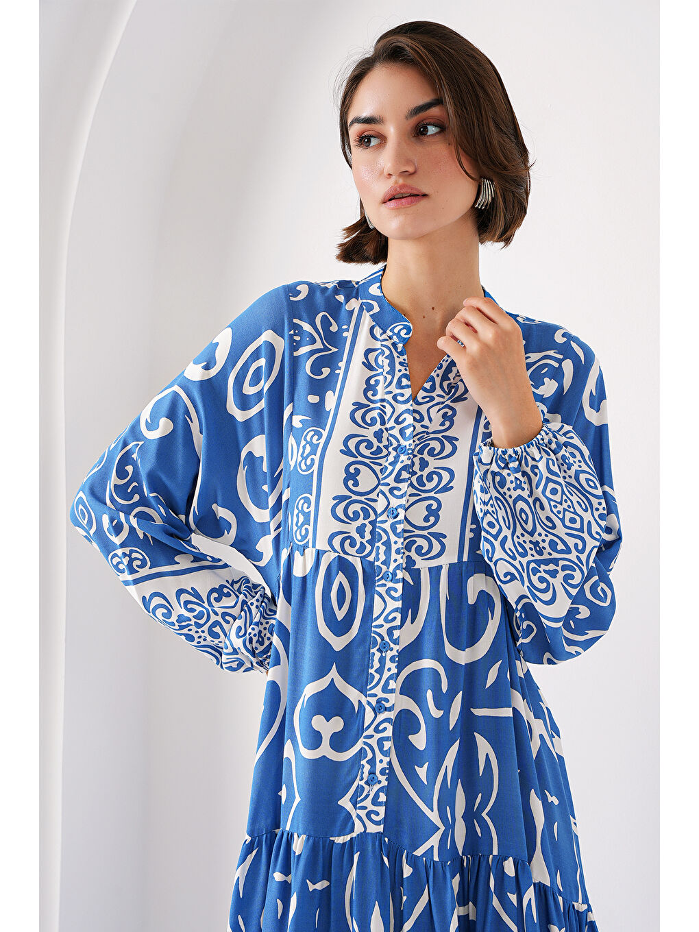 Lacivert 2423 Otantik Desenli Tesettür Elbise - B. İndigo-3