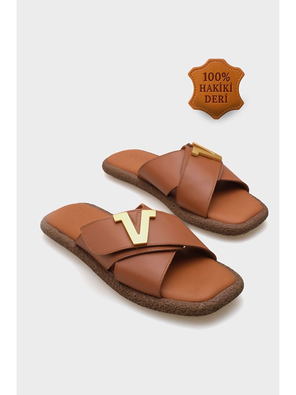Kahverengi Kata Hakiki Deri Çapraz Bantlı V Tokalı Düz Topuklu Konfor Kadın Terlik-1
