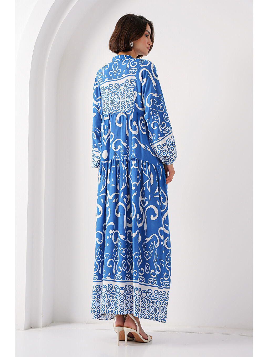 Lacivert 2423 Otantik Desenli Tesettür Elbise - B. İndigo-4