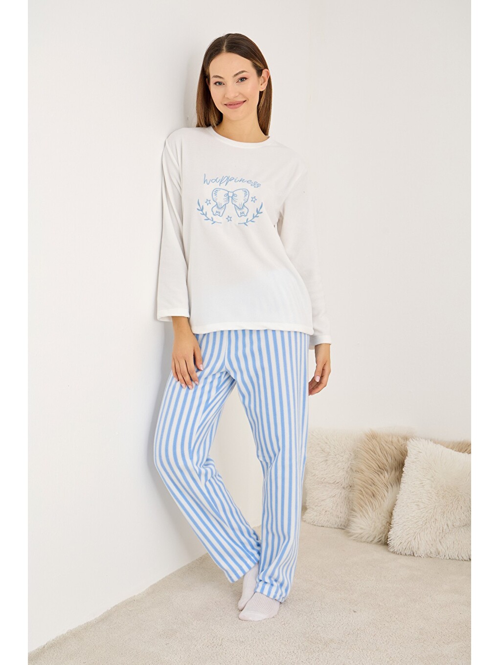 Karışık Polar Kışlık Örme Pijama Takım-1