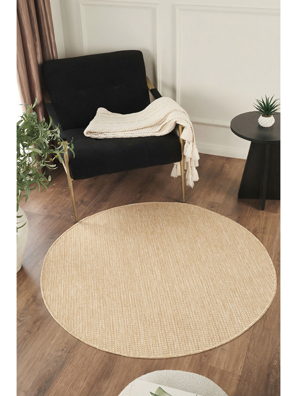 Sisalux 3083 Bej Yuvarlak Sisal Dokuma Jüt Kilim Hav Toz Vermez Mutfak Oturma Odası Halısı-80x80