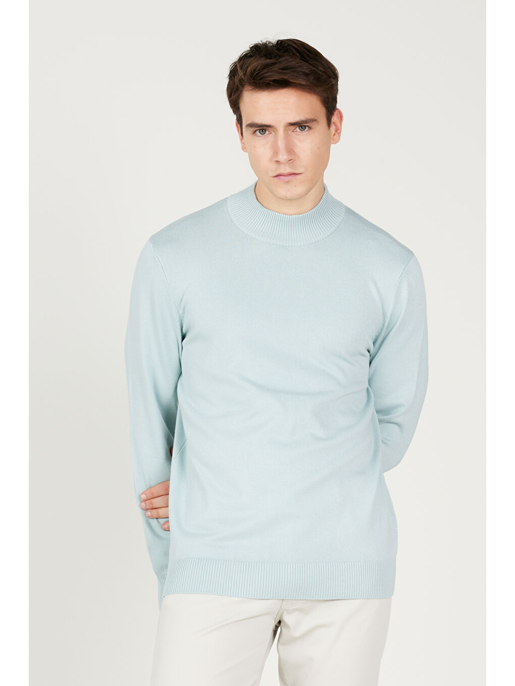 Erkek Su Yeşili Standart Fit Normal Kesim Yarım Balıkçı Yaka Triko Kazak-2