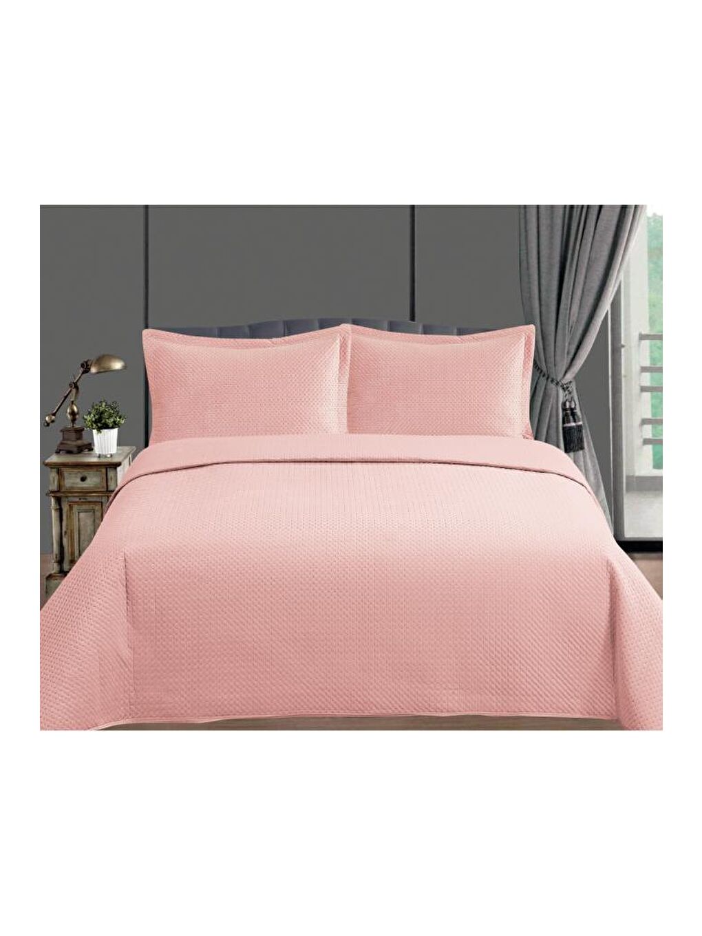 Pembe Toskana Çift Kişilik Lüks Kadife Yatak Örtüsü Pudra-1