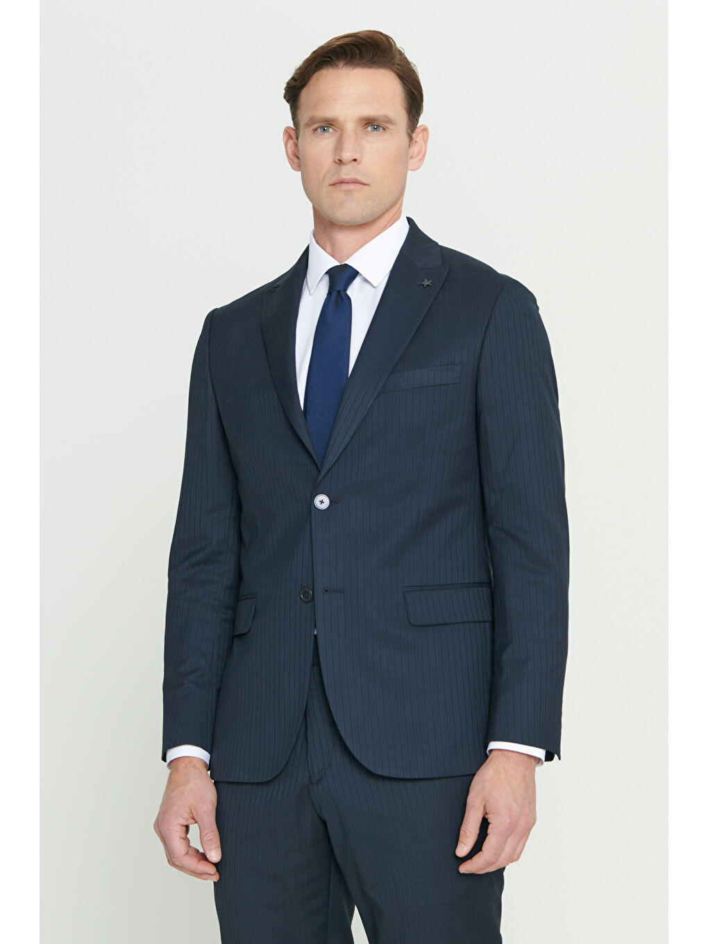 Erkek Lacivert Ekstra Slim Fit Dar Kesim Kırlangıç Yaka Yünlü Çizgili Takım Elbise