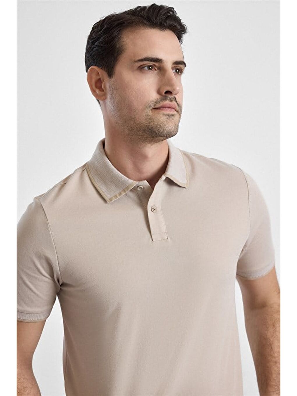 Bej Regular Düz Baskısız Pike Fermuarlı Polo Yaka Nefes Alabilen Tişört-1