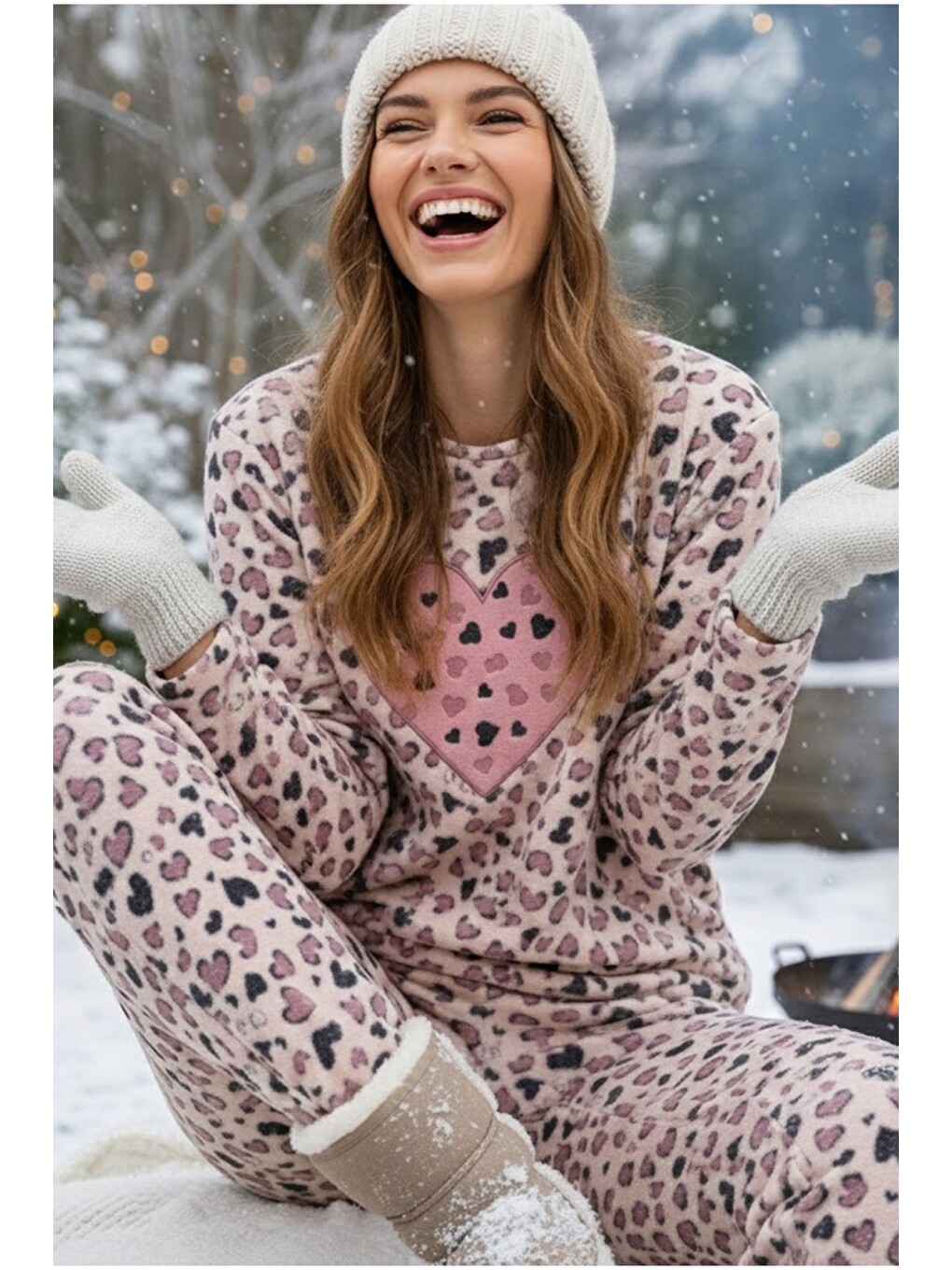 Pembe Polar Kışlık Örme Pijama Takım