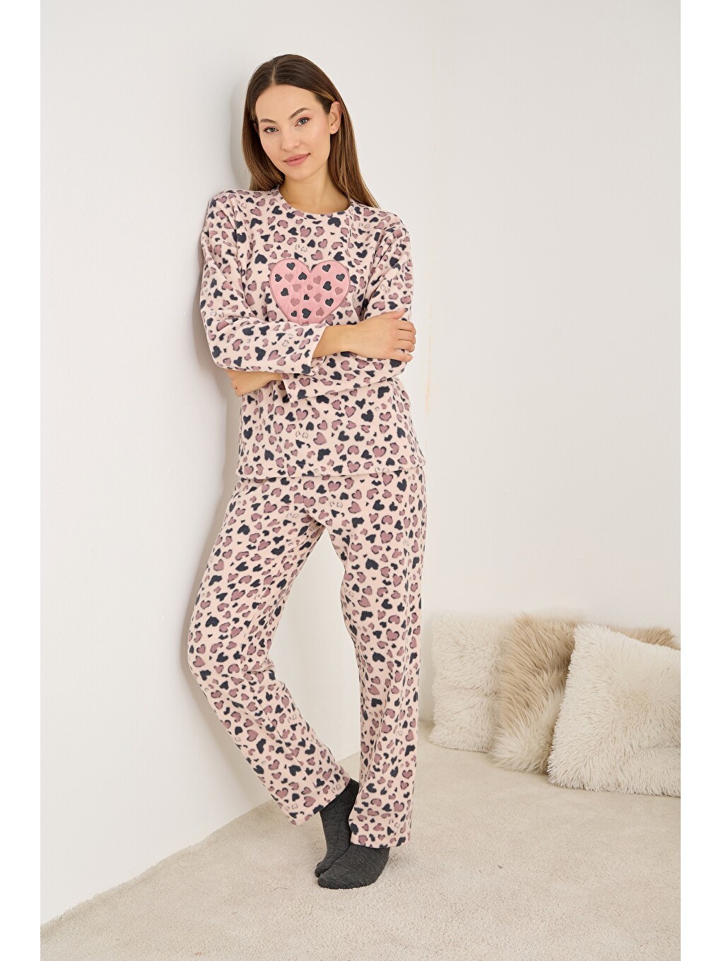 Pembe Polar Kışlık Örme Pijama Takım-1