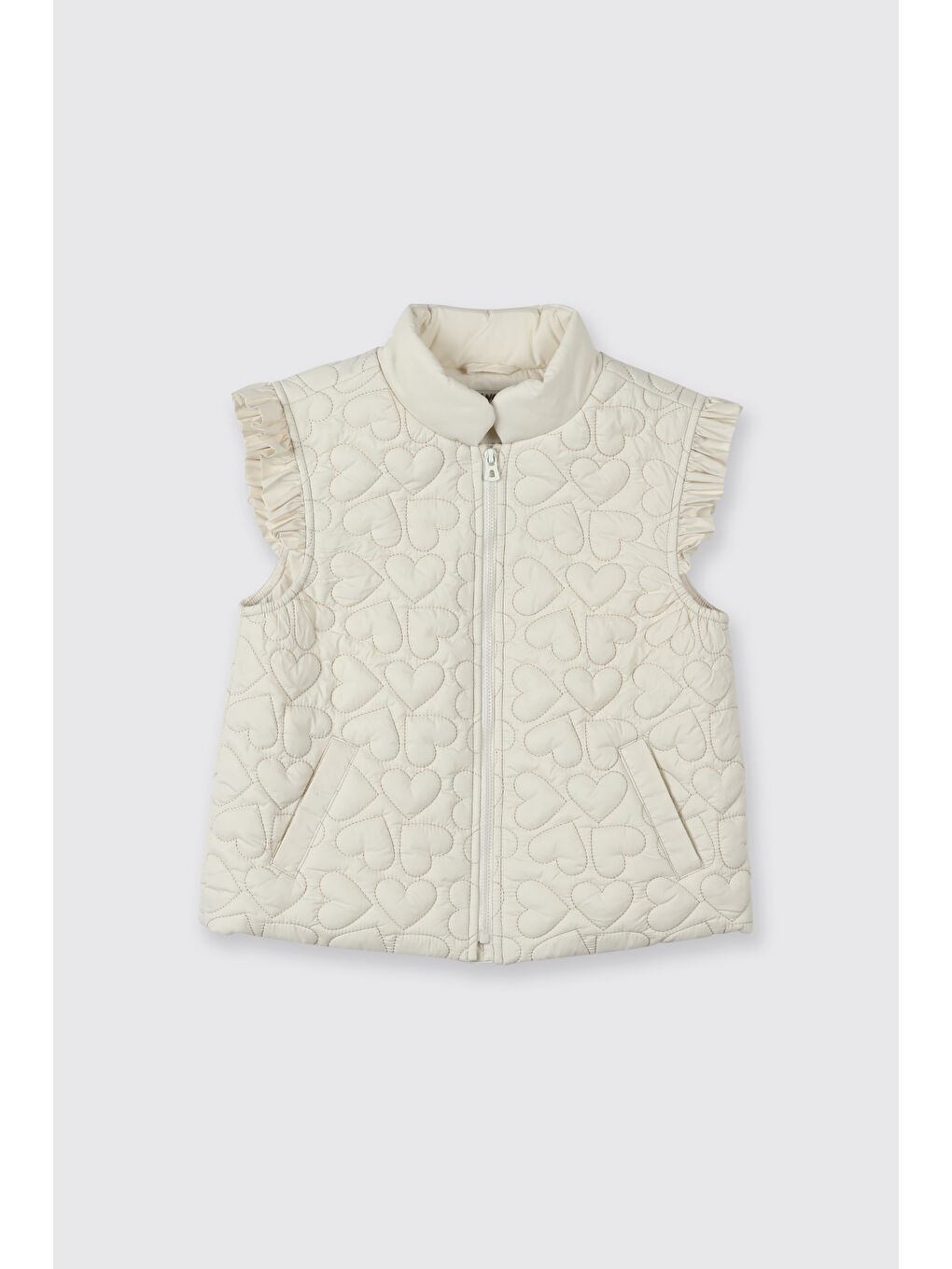 Kız Çocuk Yüksek Yaka Kolları Fırfır Detaylı Pamuk Astarlı Kapitone Desenli Micro Bej Yelek-3