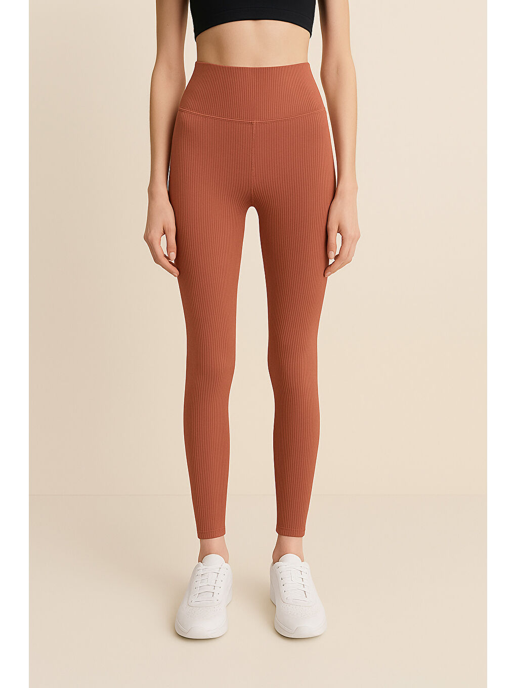 Kahverengi Yüksek Bel Toparlayıcı Ripli Fitilli Spor Kadın Tayt