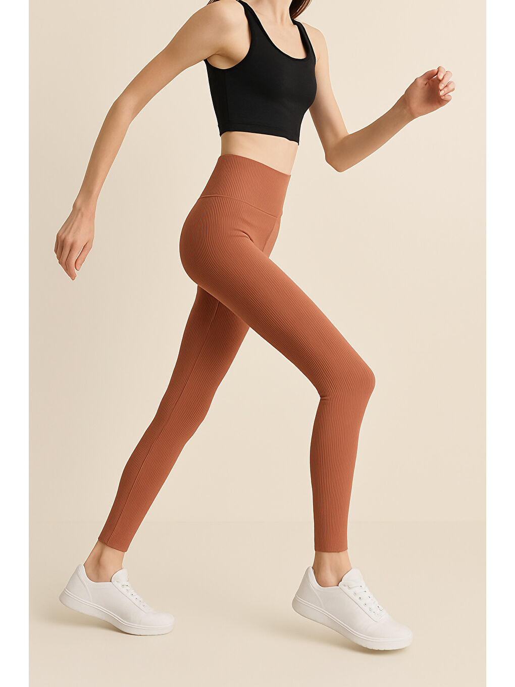Kahverengi Yüksek Bel Toparlayıcı Ripli Fitilli Spor Kadın Tayt-2