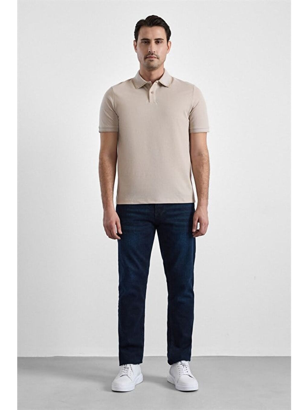 Bej Regular Düz Baskısız Pike Fermuarlı Polo Yaka Nefes Alabilen Tişört-3
