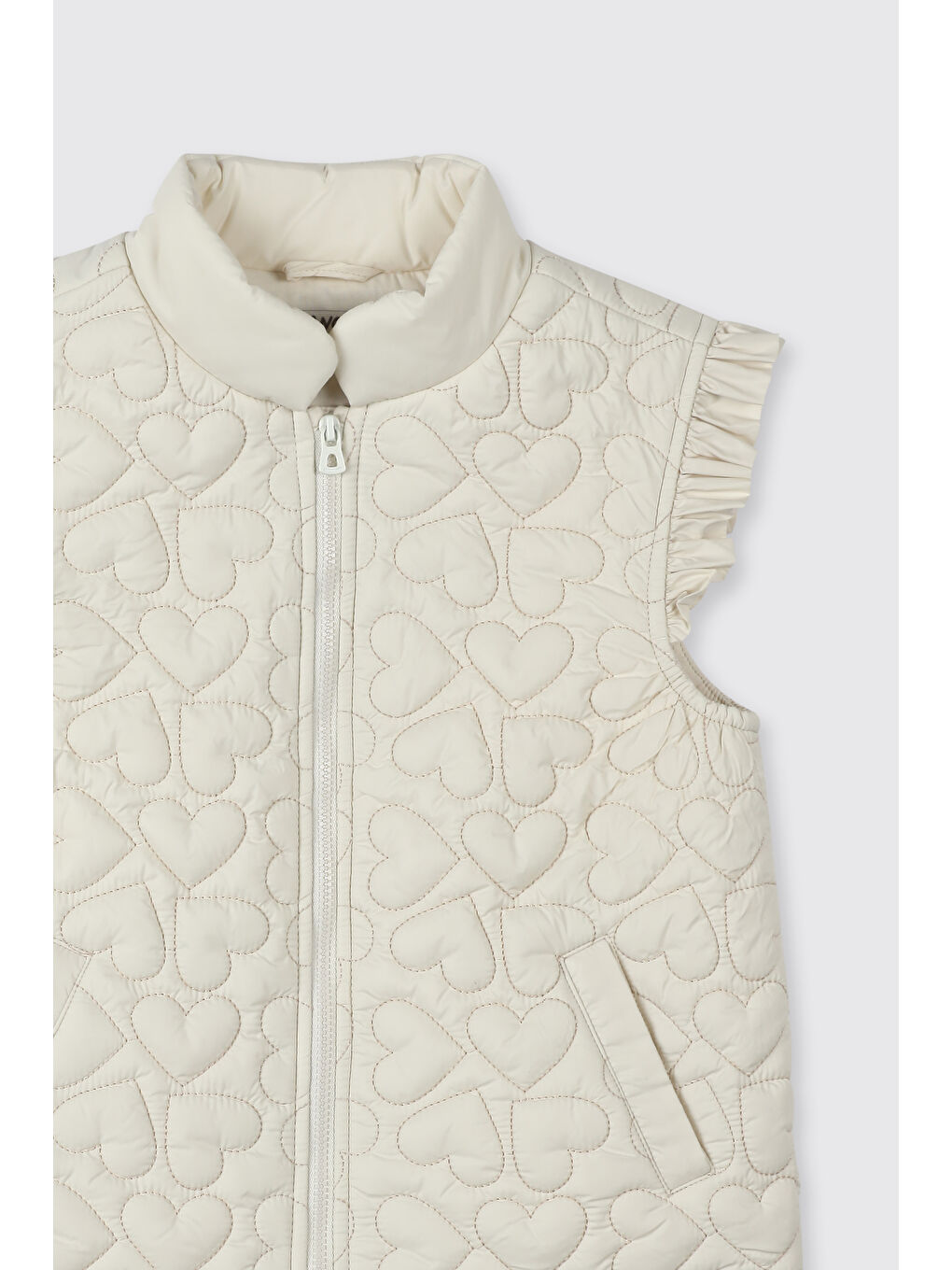 Kız Çocuk Yüksek Yaka Kolları Fırfır Detaylı Pamuk Astarlı Kapitone Desenli Micro Bej Yelek-5