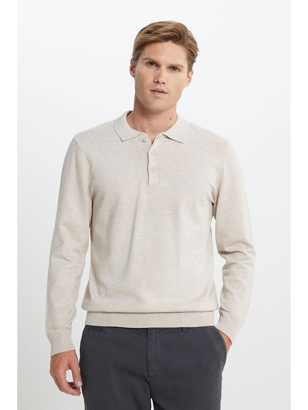 Erkek Bej Melanj Standart Fit Normal Kesim Polo Yaka Triko Kazak