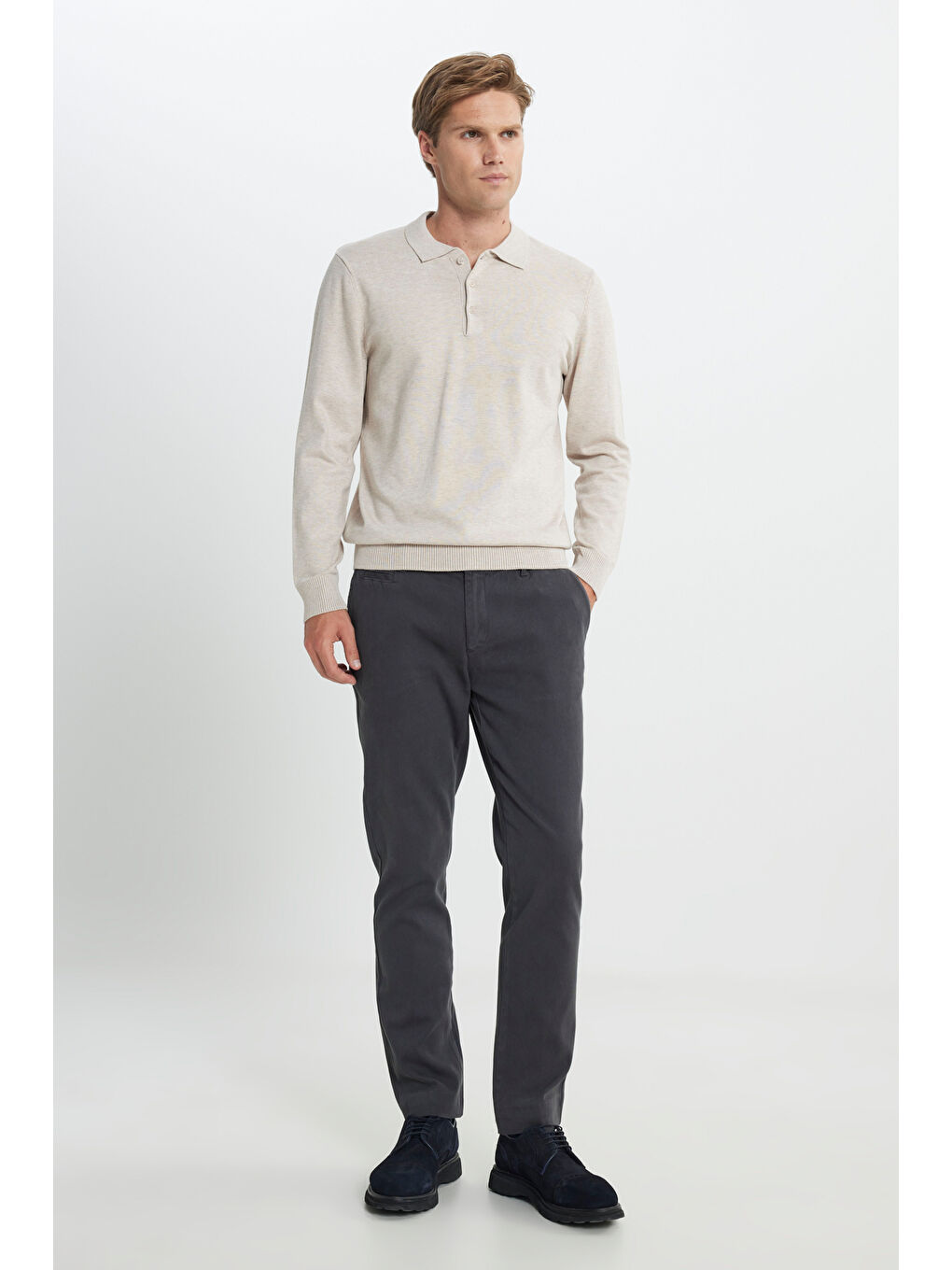 Erkek Bej Melanj Standart Fit Normal Kesim Polo Yaka Triko Kazak-1