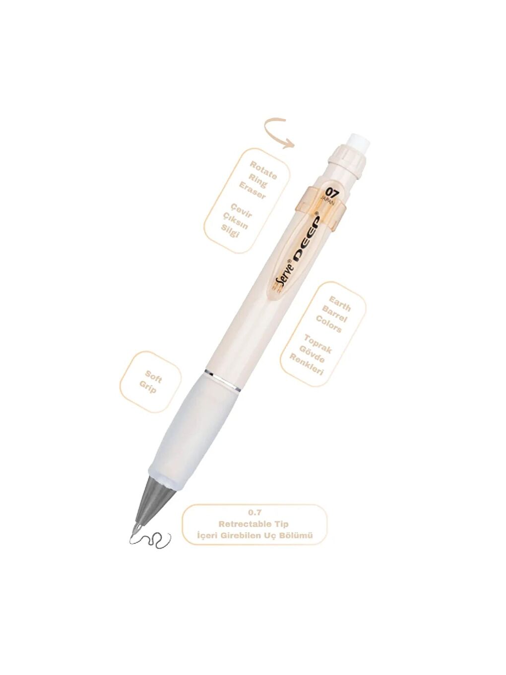 Deep Grip-Silgi Yedekli Mekanik Versatil Uçlu Kalem Yeryüzü Renkleri 0.5-3