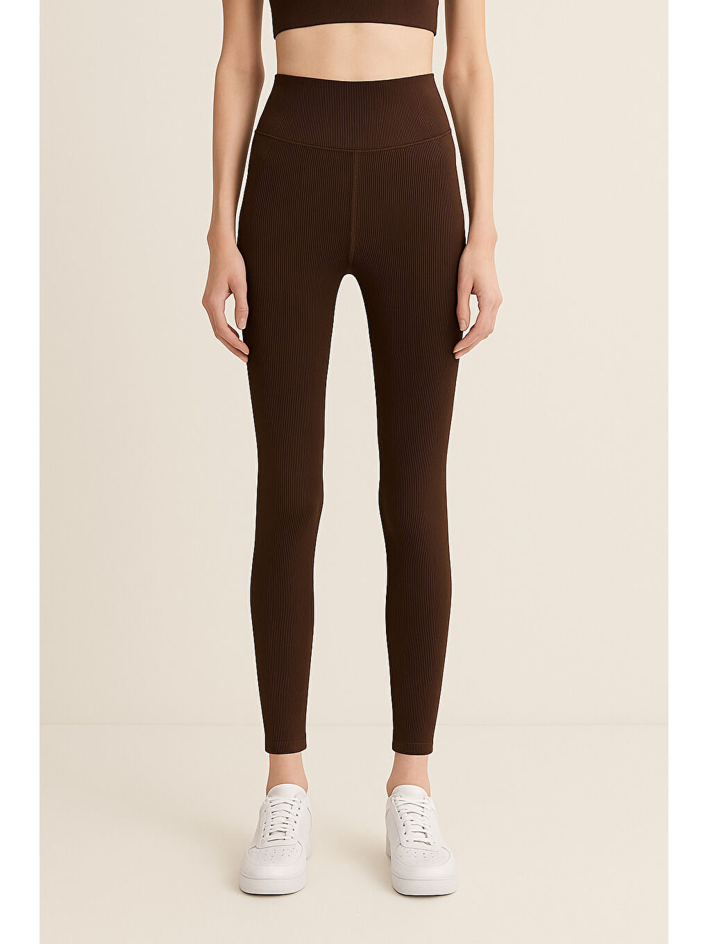 Kahverengi Yüksek Bel Toparlayıcı Ripli Fitilli Spor Kadın Tayt