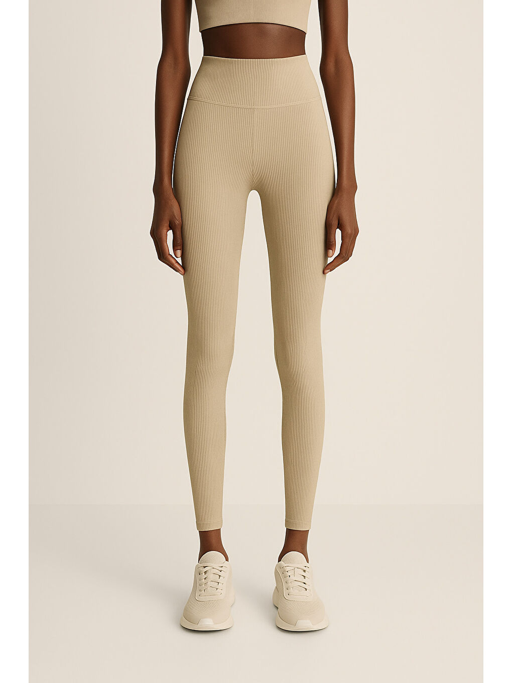 Bej Yüksek Bel Toparlayıcı Ripli Fitilli Spor Kadın Tayt